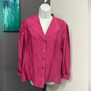Pink Linen Blend Women's‎ Medium Top Button Front Long Sleeve Colorful Coastal
